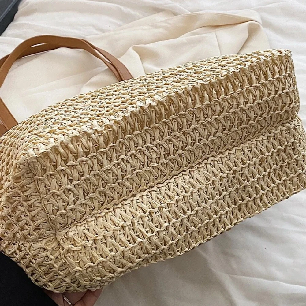 Boho Vegan Leather Strap Minimalist Straw Tote Bag - Picture 5 of 14